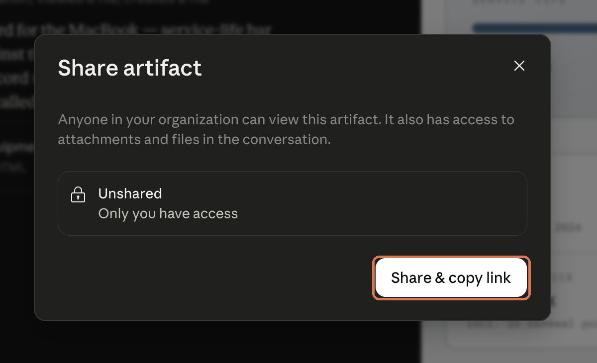 Claude’s Share artifact dialog with the Share and copy link button