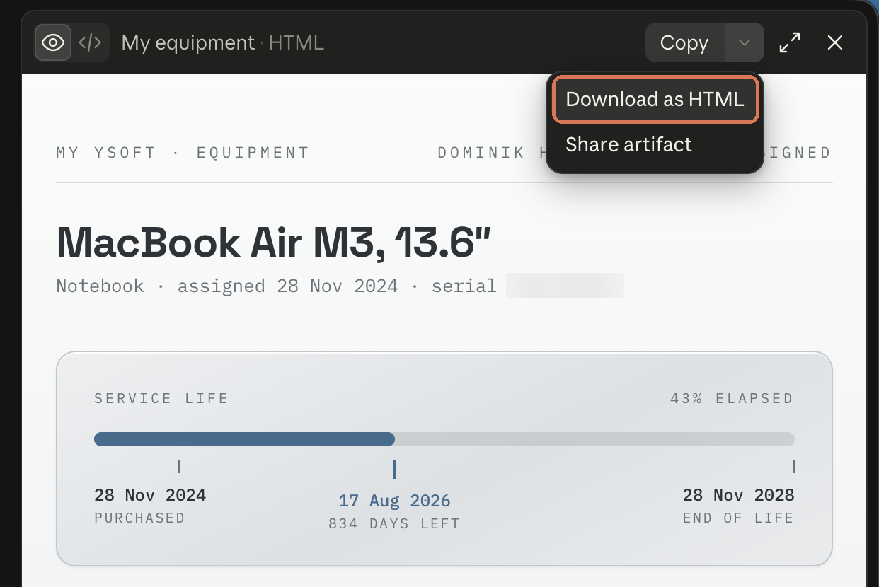 The artifact panel’s Copy menu, showing Download as HTML