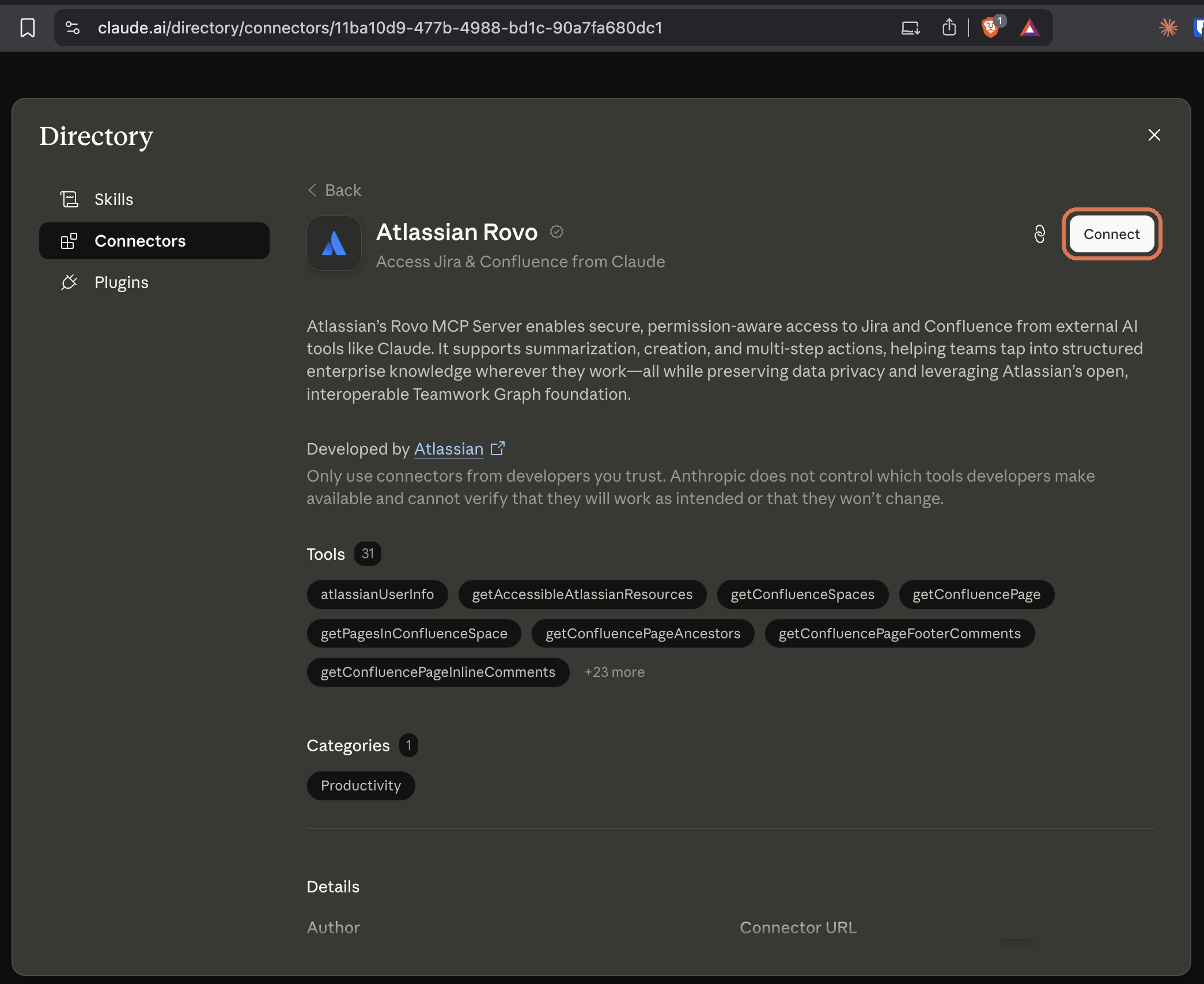 A connector’s detail page in Claude, with a Connect button