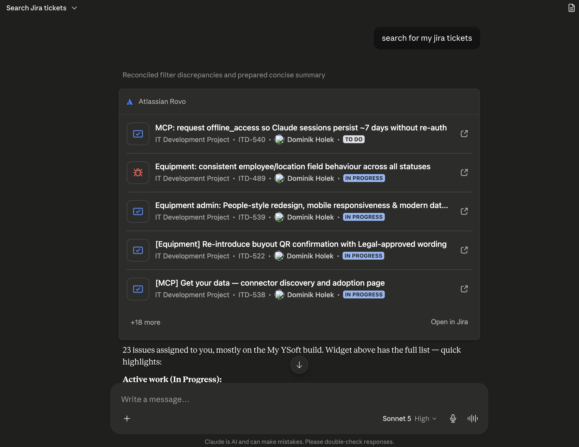 Asking Claude to search Jira tickets and getting a list of results back